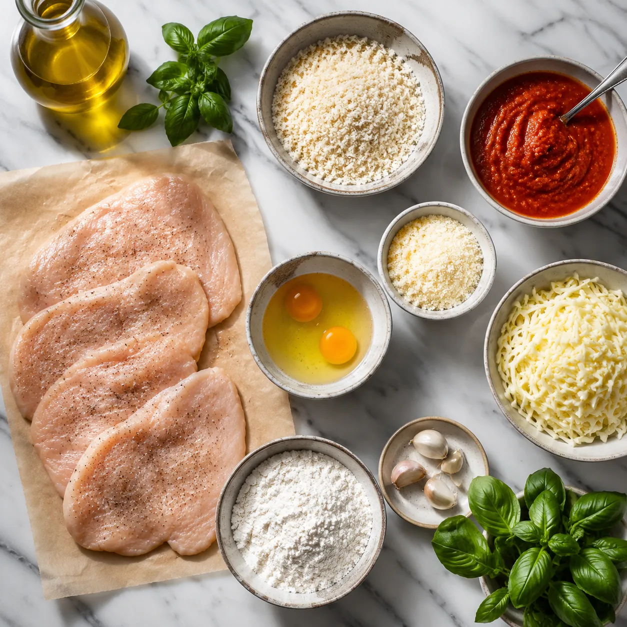 Ingredients for easy chicken parmesan recipe arranged on marble