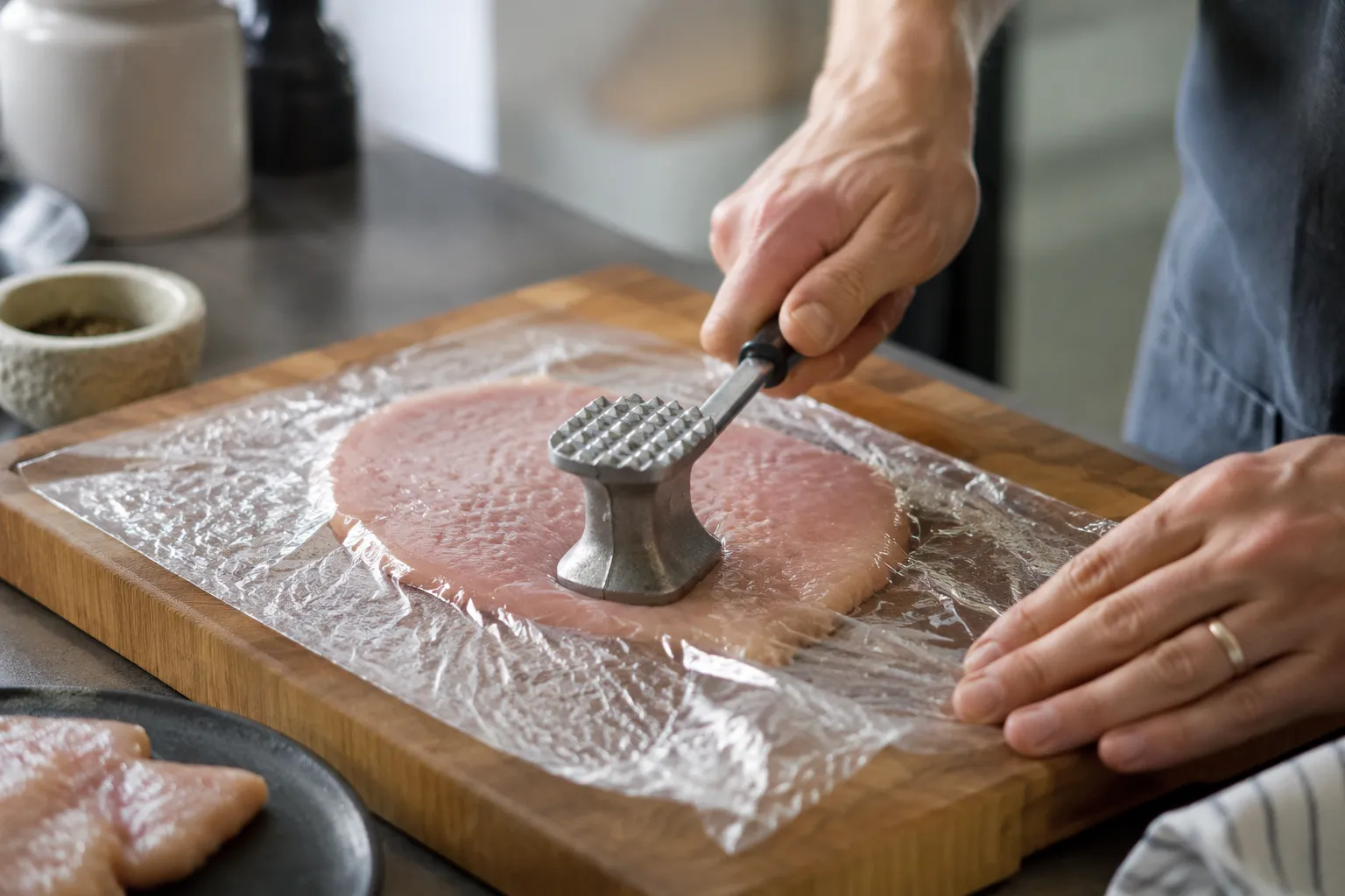 Pounding chicken cutlets for crispy chicken parmesan