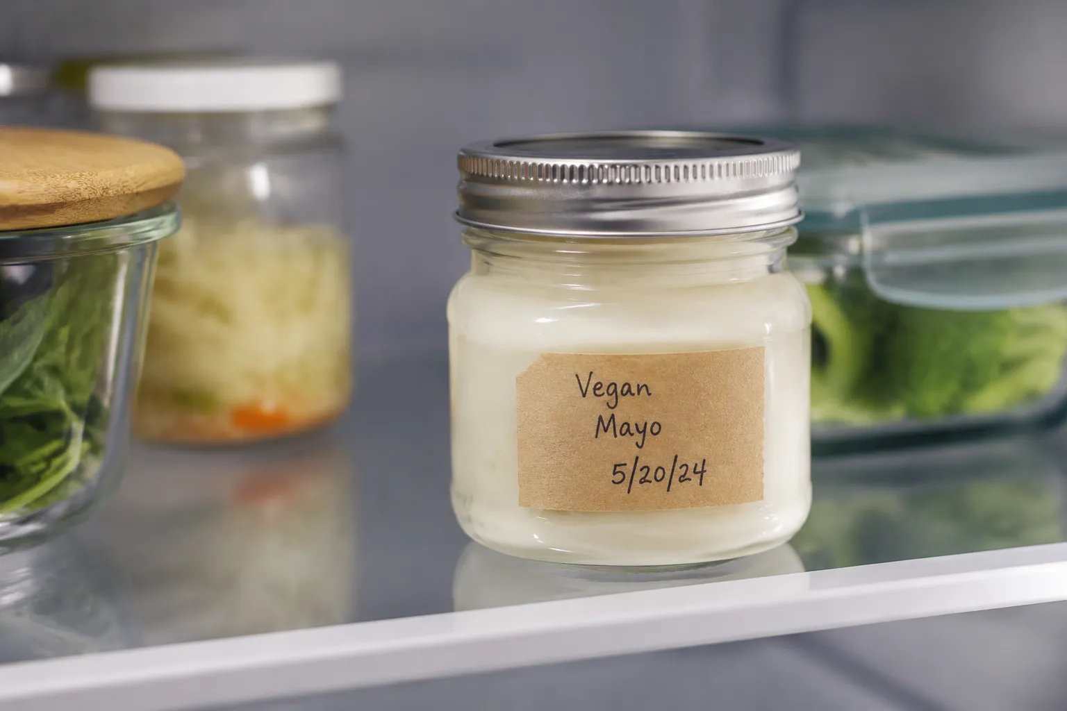 Homemade vegan mayonnaise stored in a labeled mason jar in the fridge