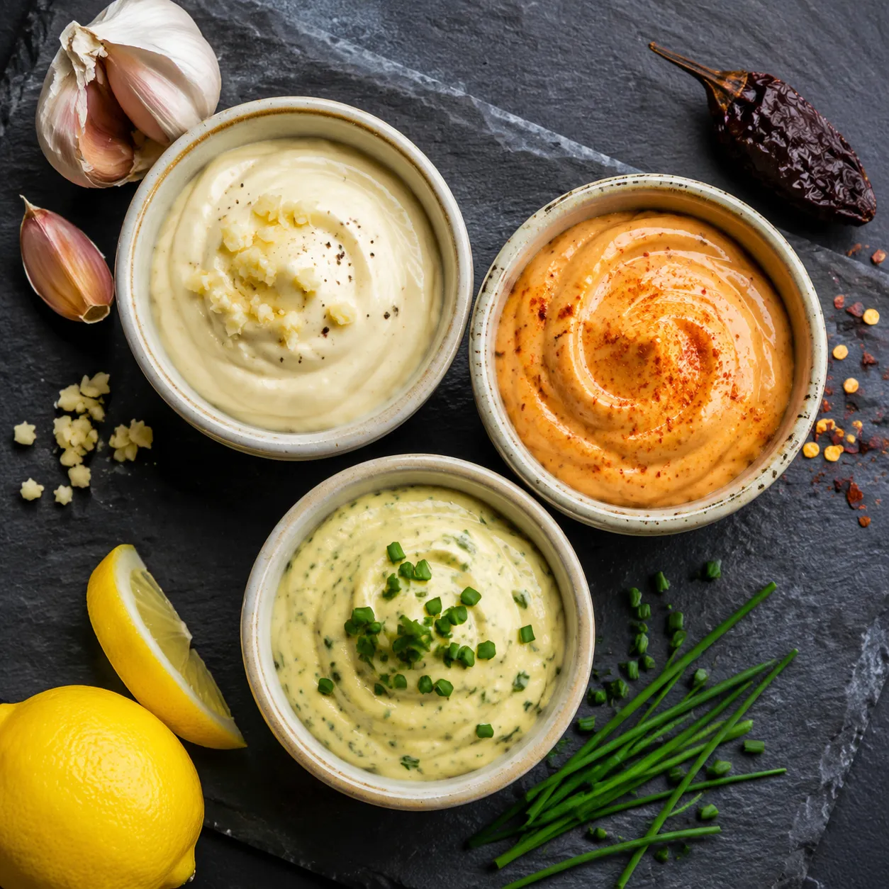 Three vegan mayo flavor variations: garlic aioli, chipotle, and lemon-herb