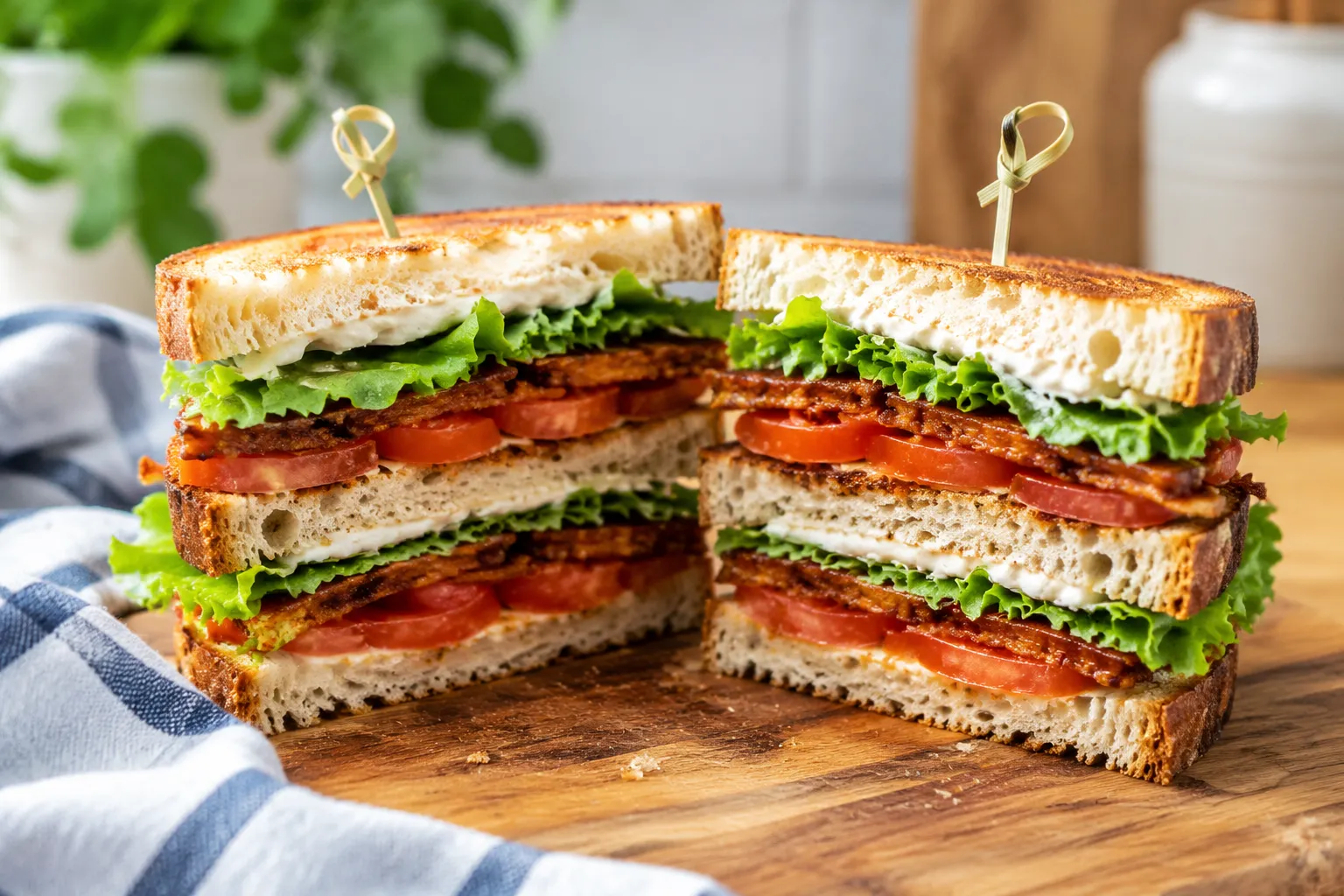 Vegan club sandwich layered with creamy vegan mayo and tempeh bacon