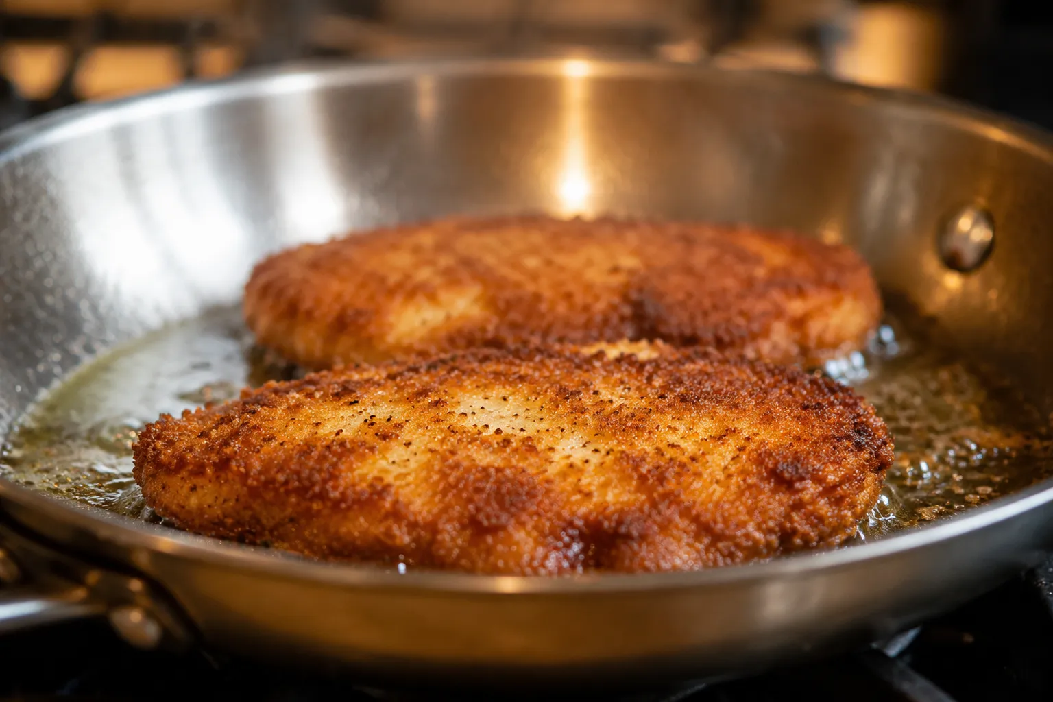 Pan-frying breaded chicken cutlets until crispy and golden