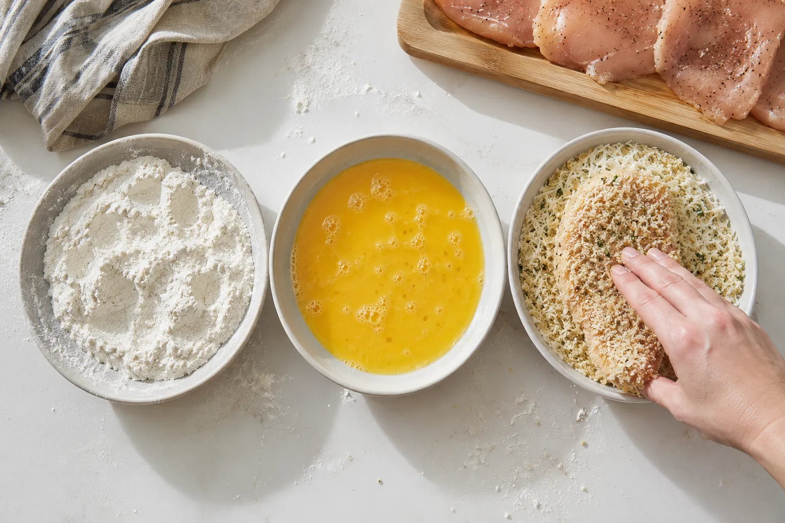Breading chicken cutlets in panko and Parmesan for chicken parm