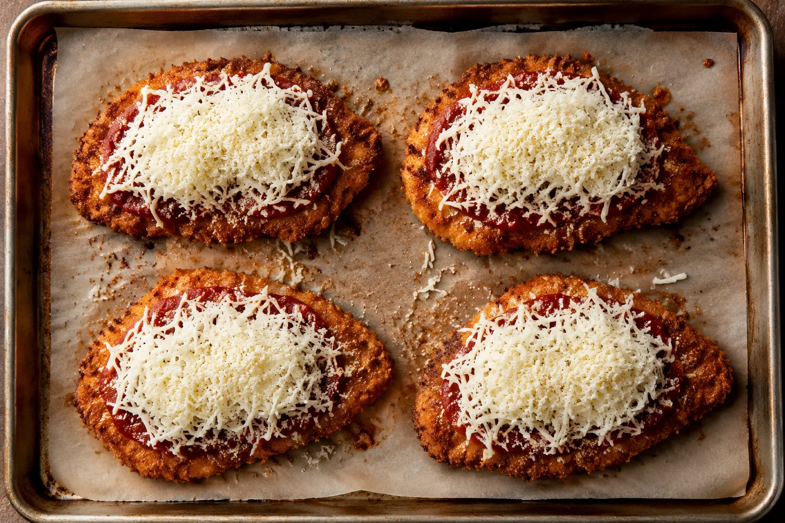 Chicken parmesan topped with marinara and mozzarella before broiling