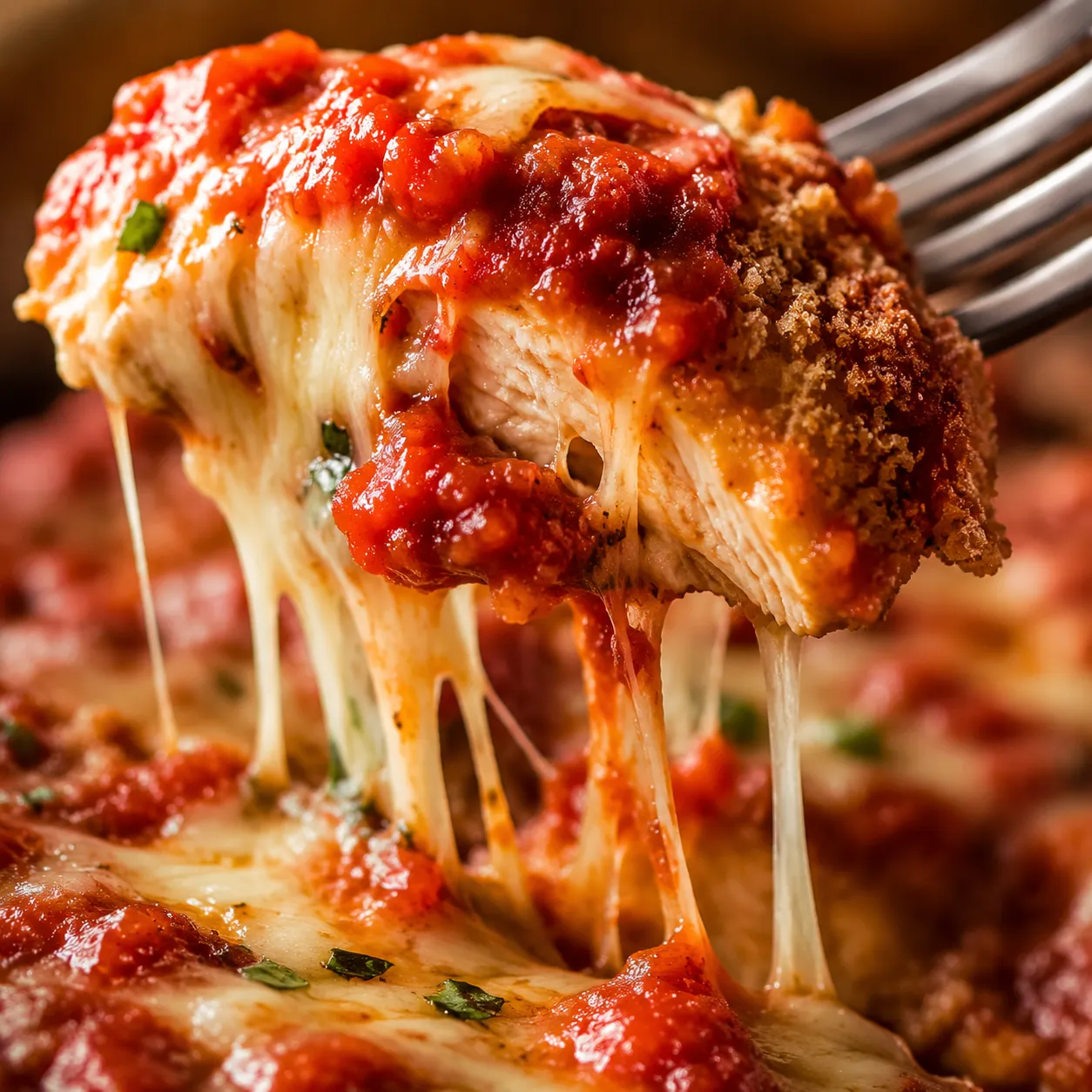 Cheese pull close-up of easy chicken parmesan recipe