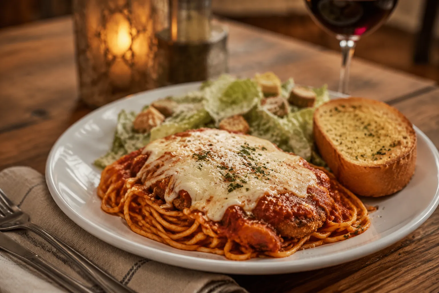 Chicken parmesan served with spaghetti, salad, and garlic bread