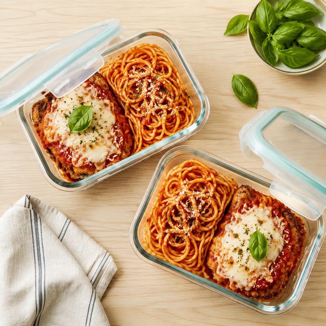 Leftover chicken parmesan stored in glass meal-prep containers