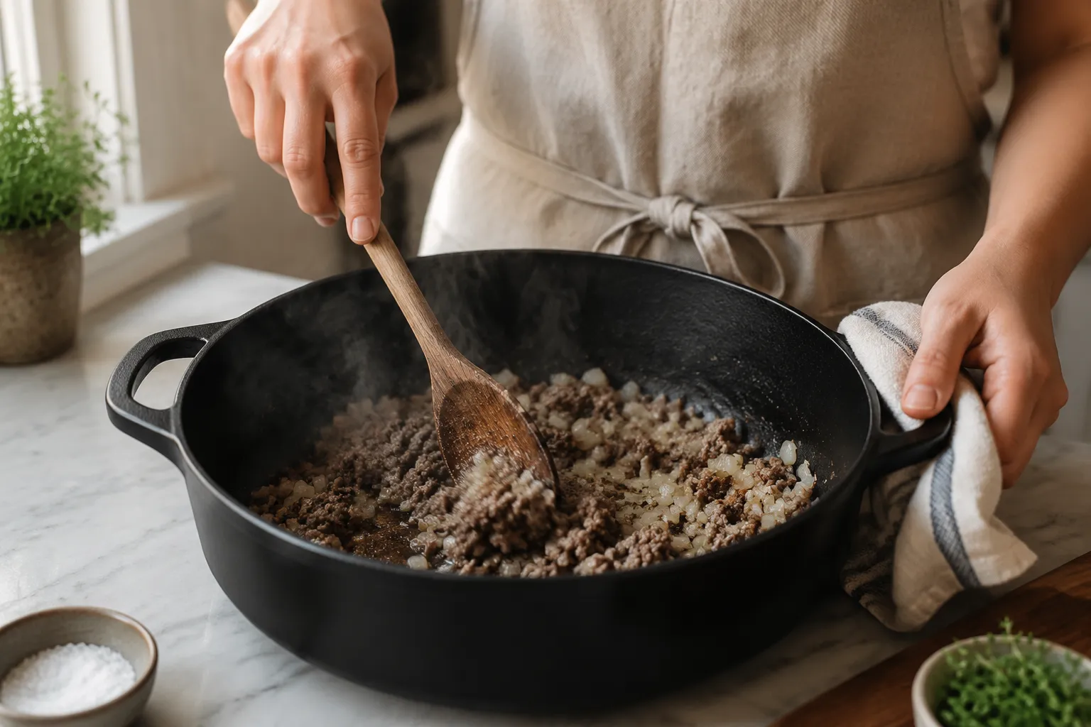 Browning ground beef and onions for stovetop chili with beans