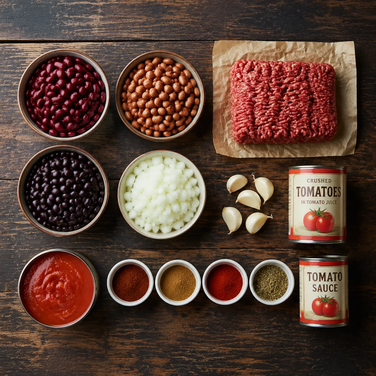 Ingredients for chili beans recipe arranged on a wood board