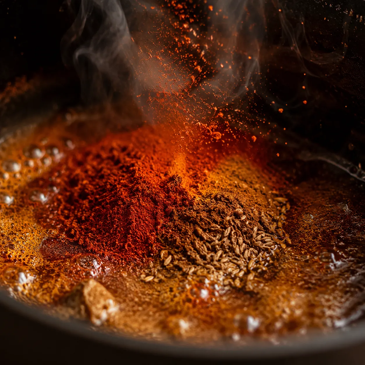 Blooming chili seasoning in beef fat for chili recipe with beans