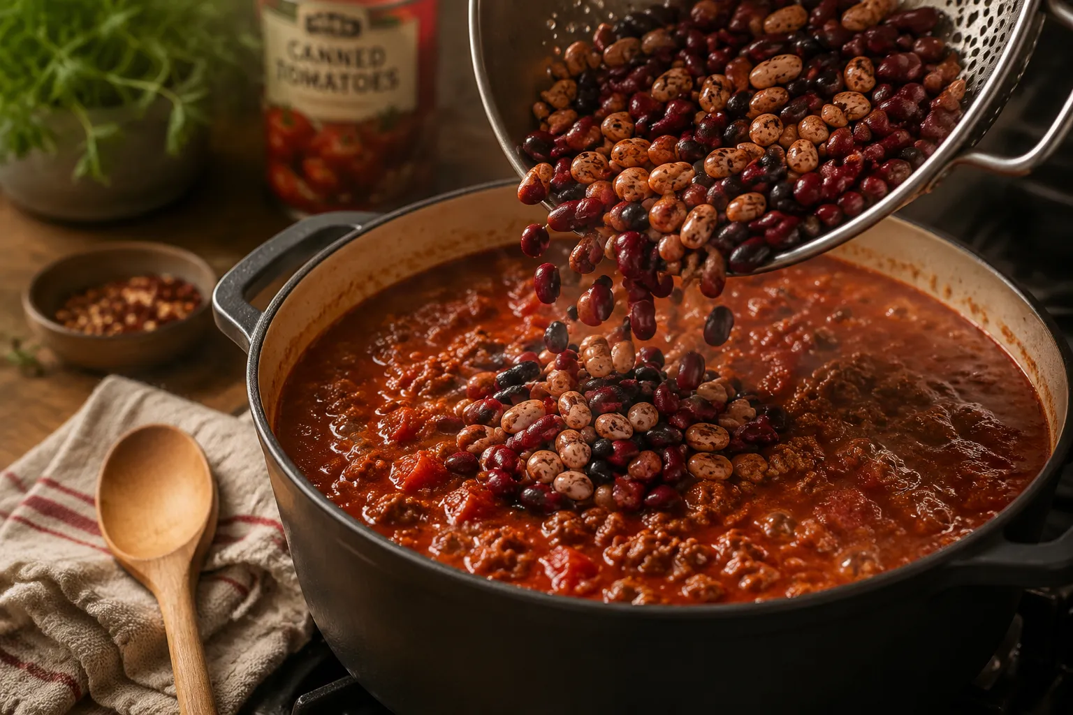 Adding three beans to simmering chili recipe with beans