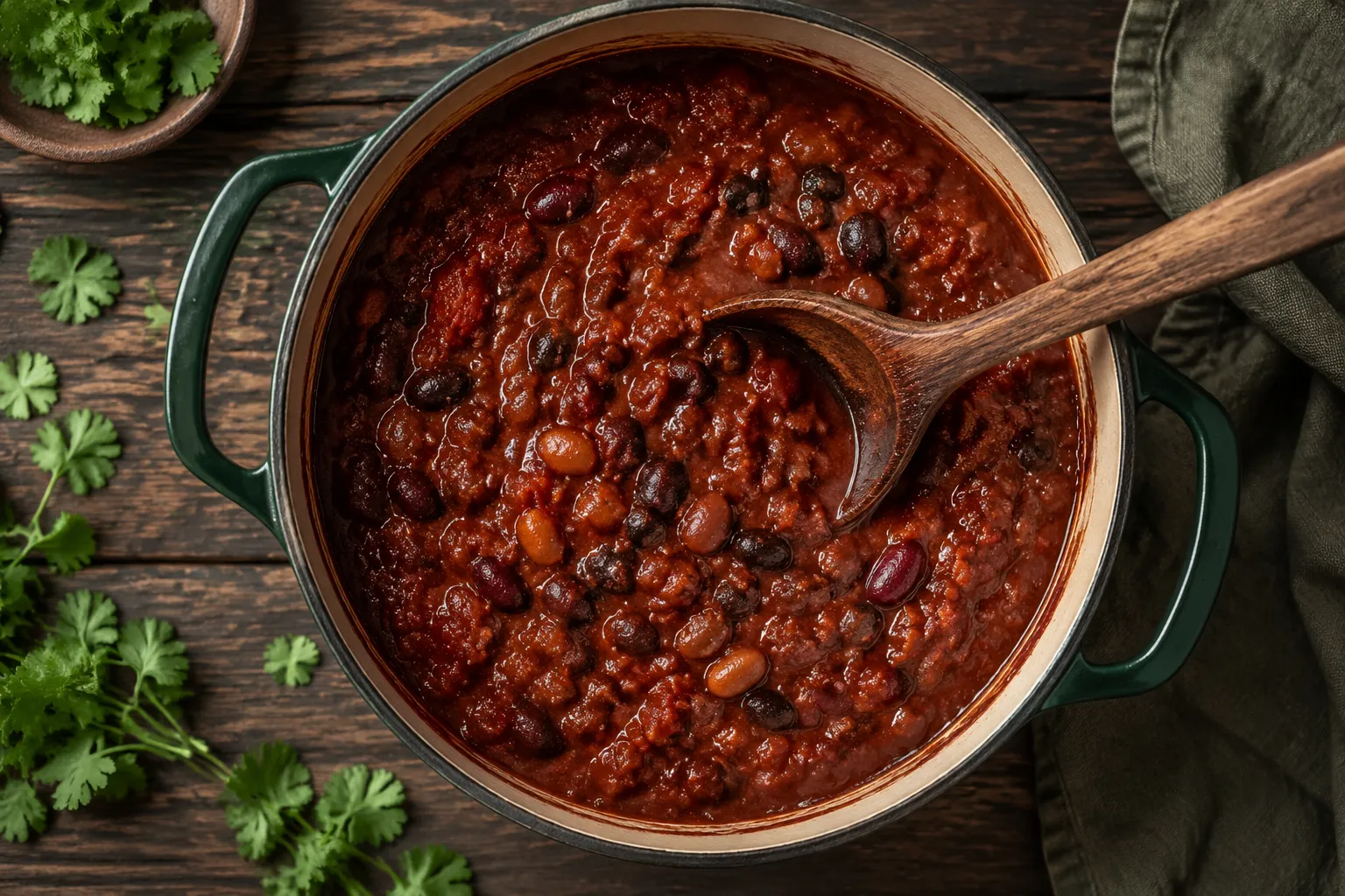 Finished pot of homemade chili recipe with beans on stovetop