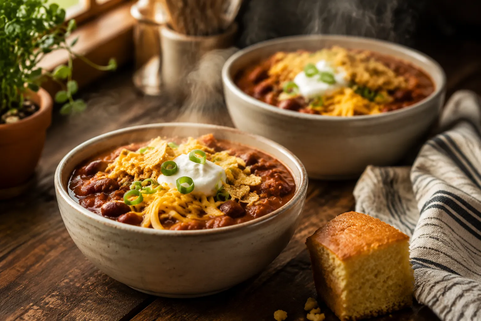 Bowls of chili beans recipe served with cornbread and toppings