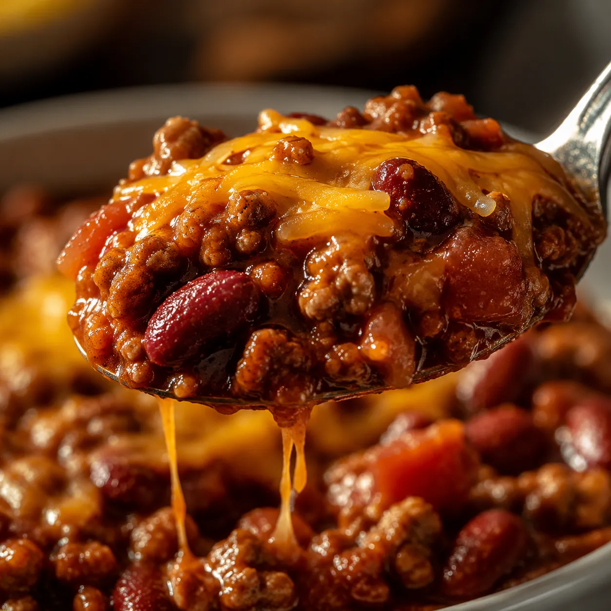 Close-up spoonful of thick chili recipe with beans and melted cheese