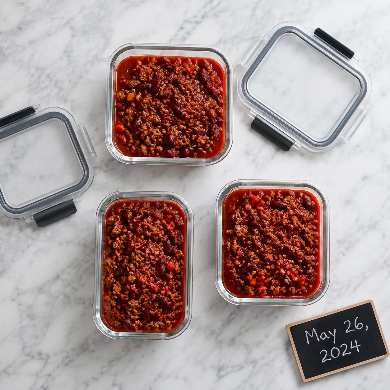 Storing leftover chili recipe with beans in glass meal prep containers