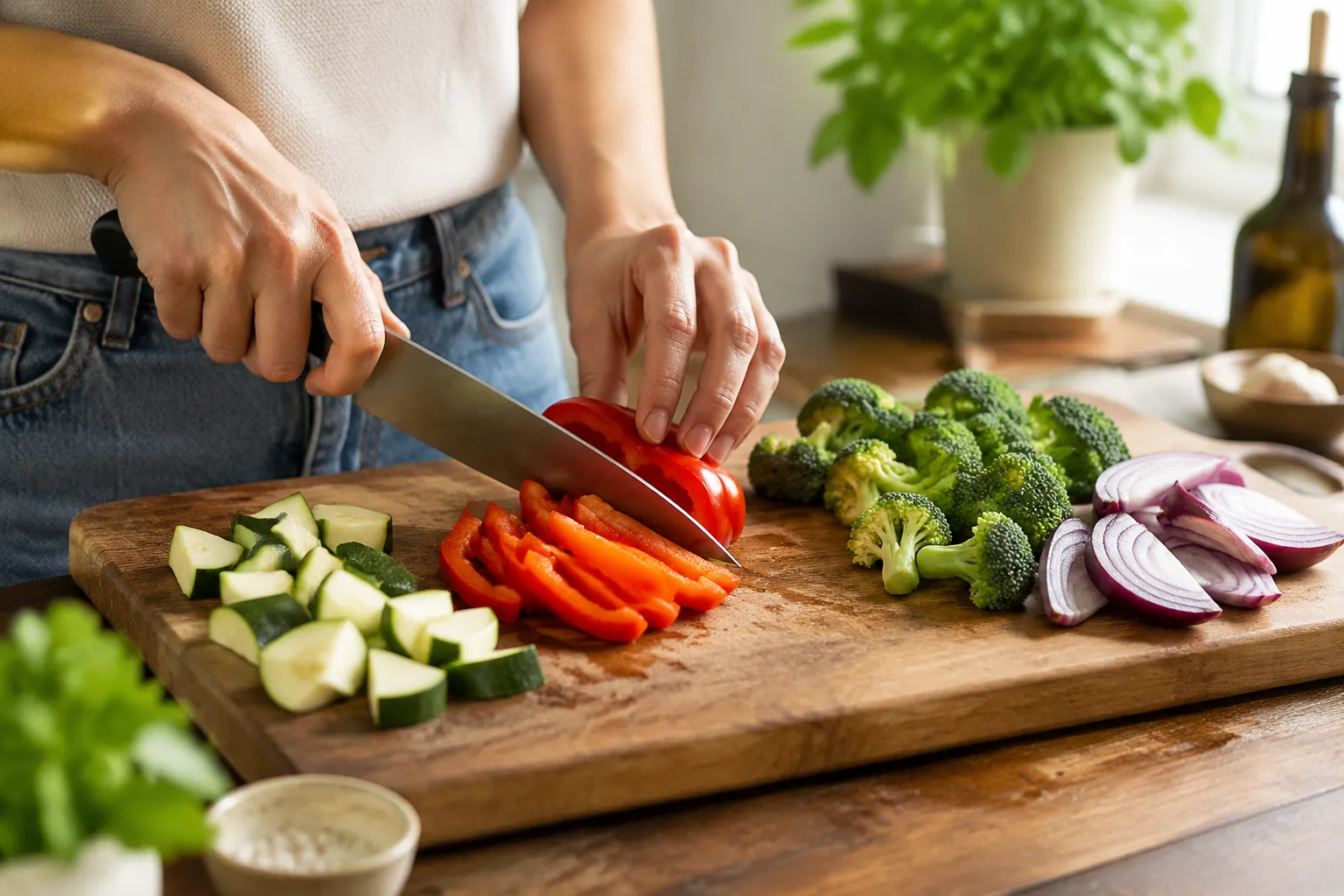 Chopping fresh vegetables for a rainbow roasted veggie medley