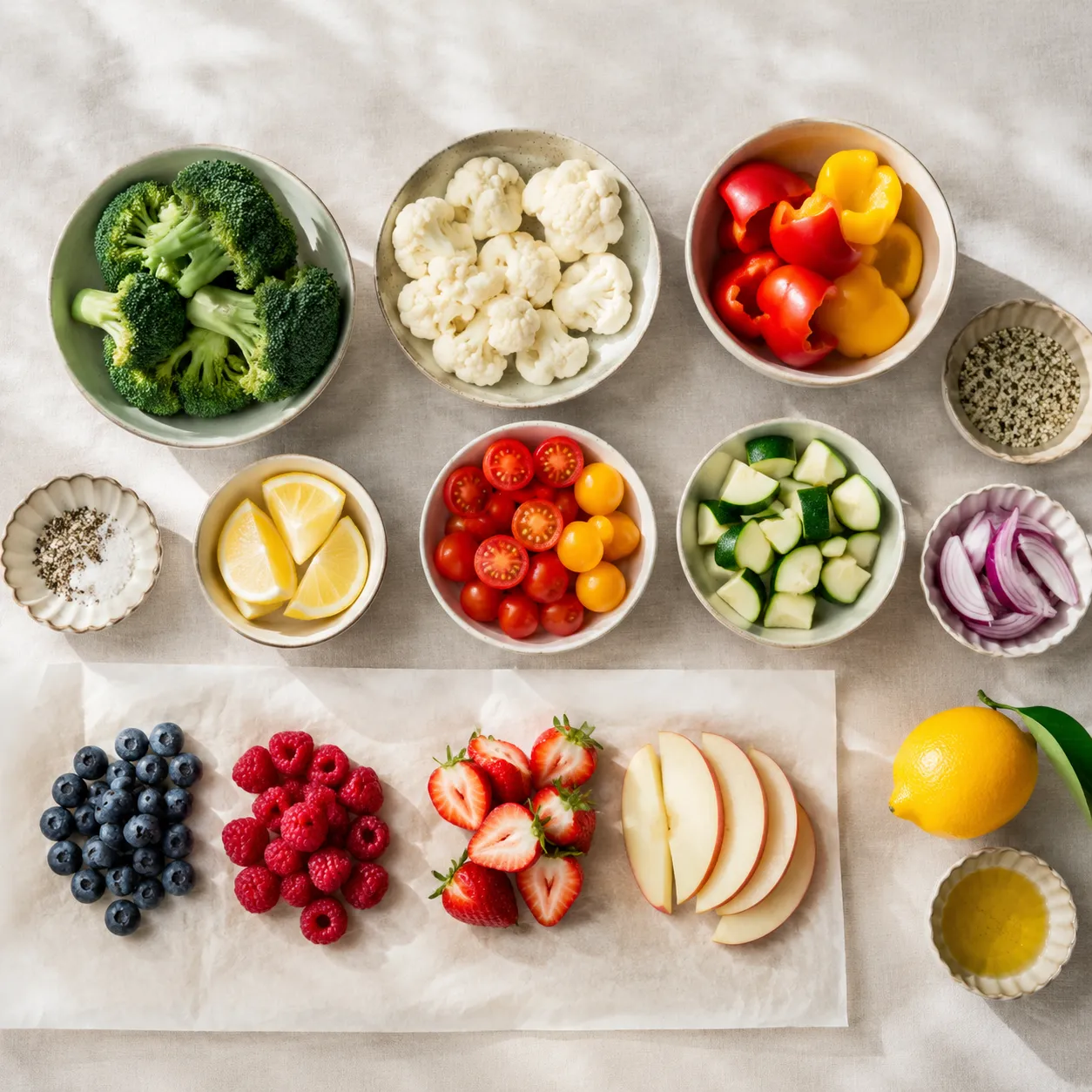 Overhead flatlay of fresh fruits and vegetables for healthy produce recipes