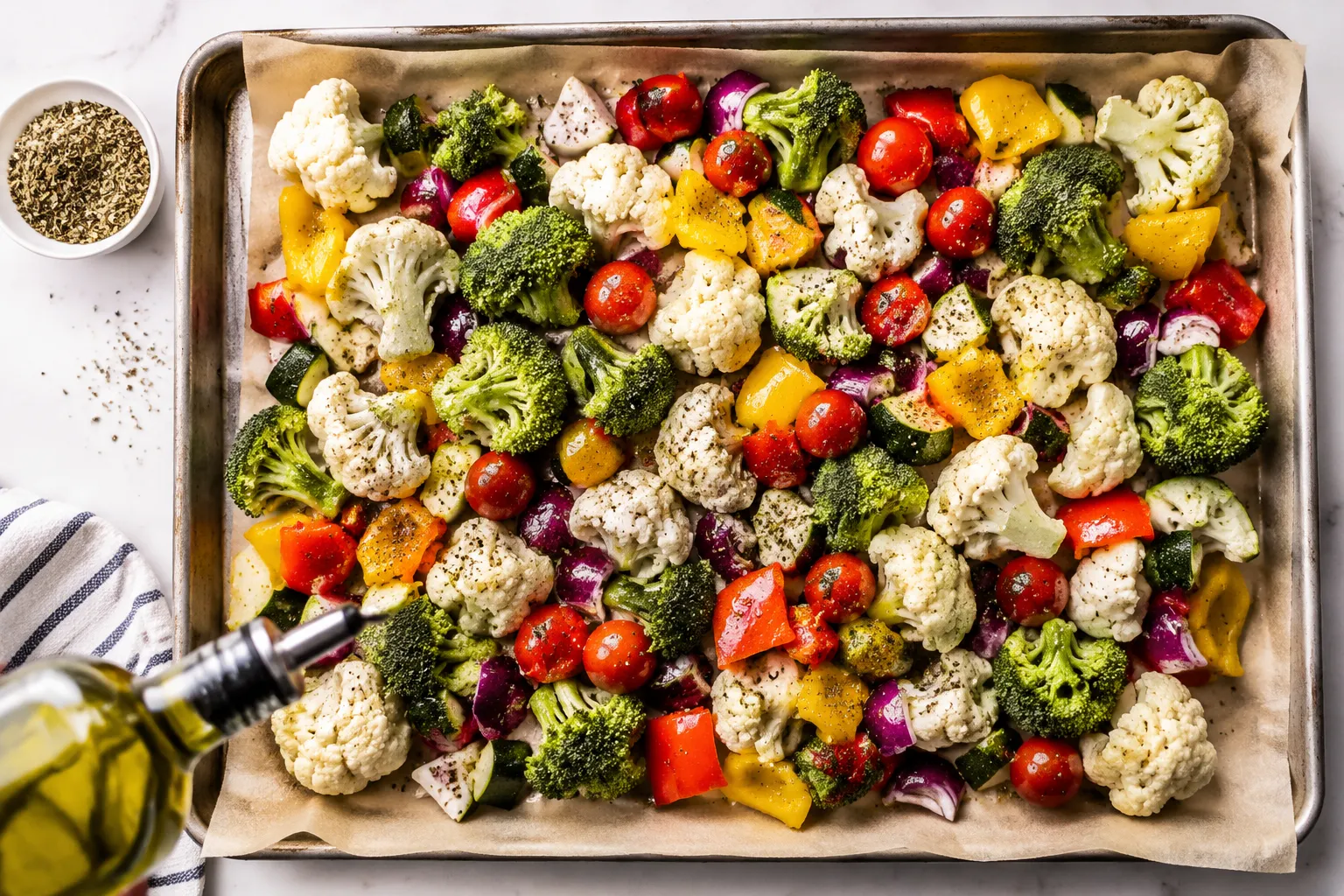 Tossing rainbow vegetables with olive oil on a sheet pan