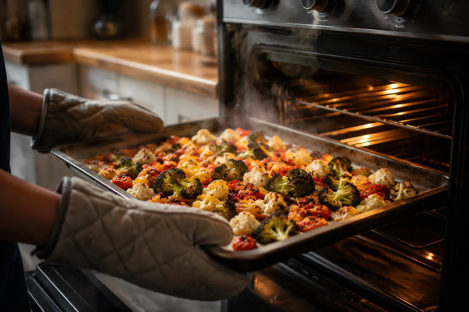 Roasted rainbow vegetable medley fresh out of the oven