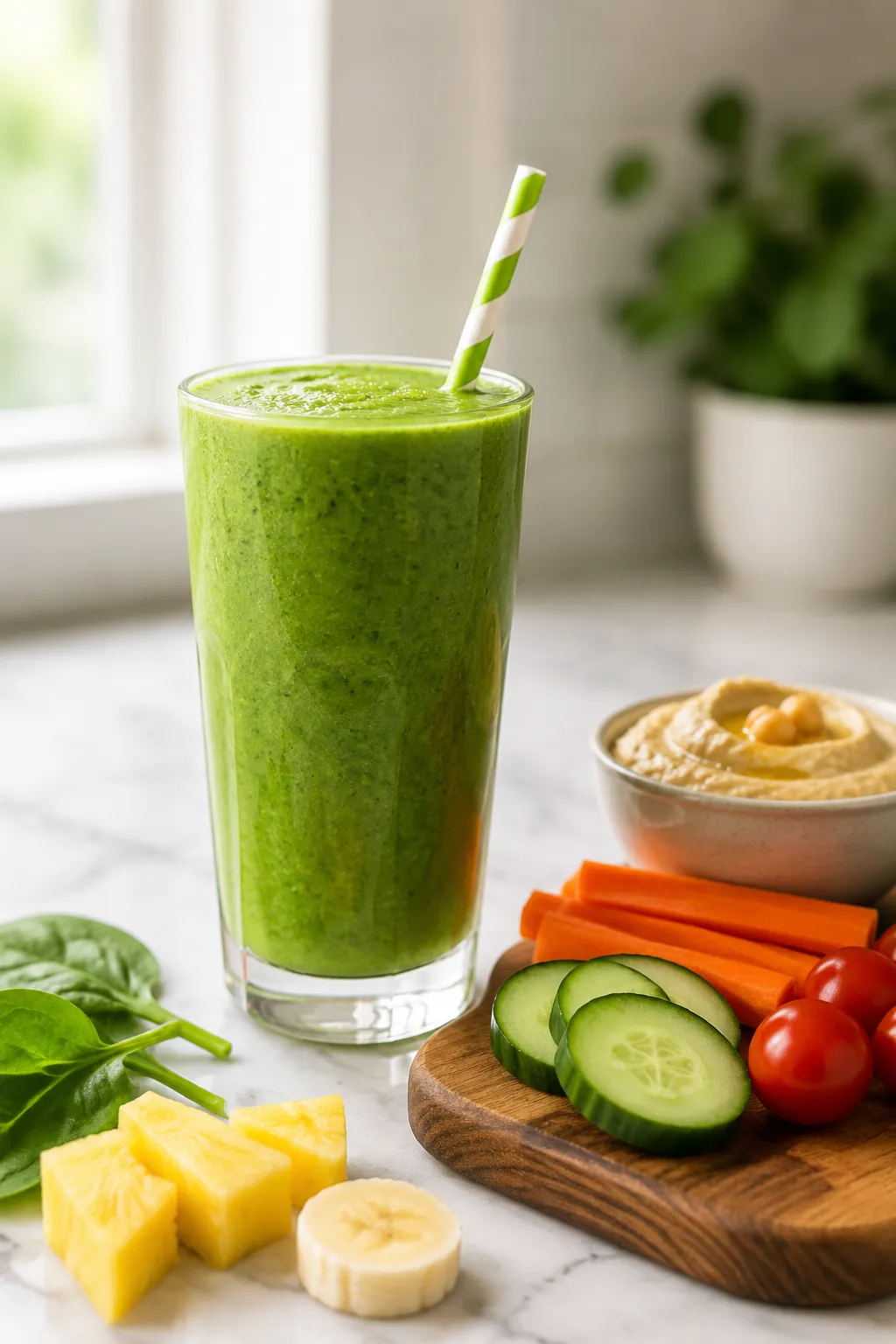Green smoothie and veggie hummus snack platter for healthy eating