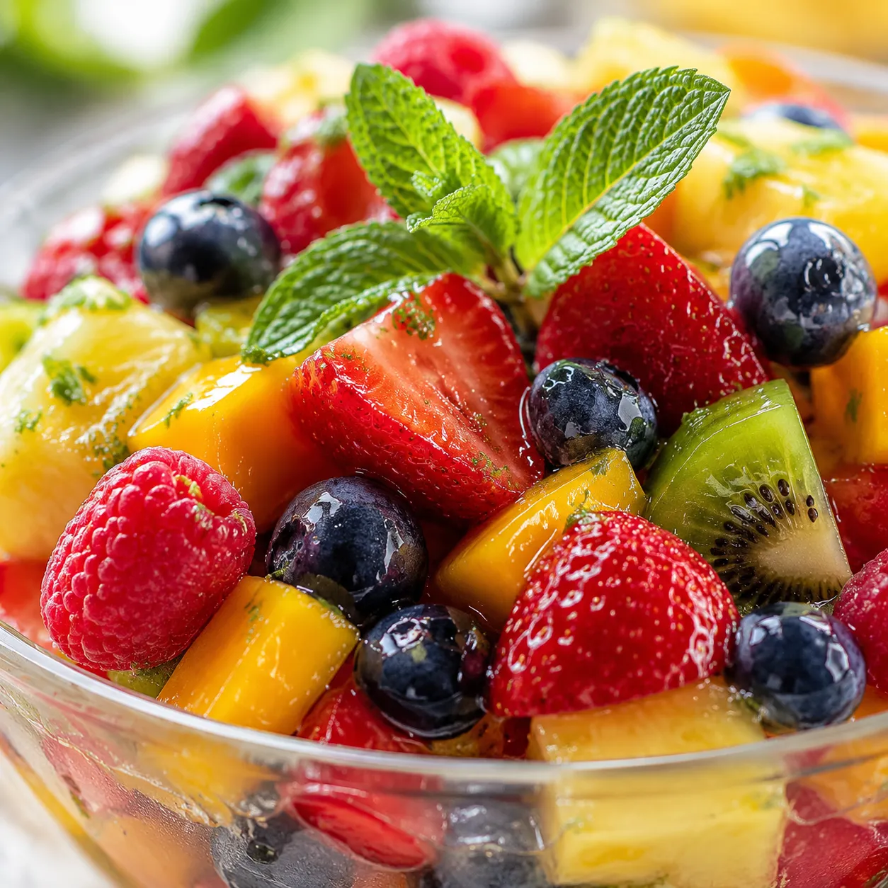 Fresh rainbow fruit salad with berries, mango, and kiwi