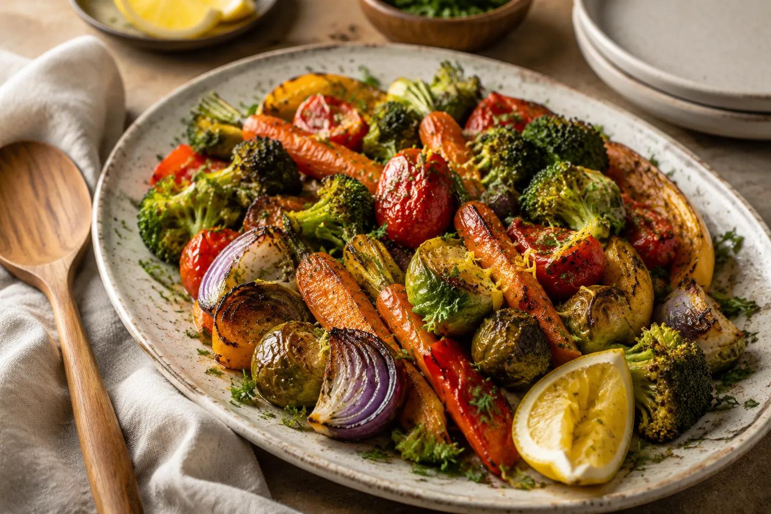 Plated roasted vegetable medley as easy fruit and veg food side dish