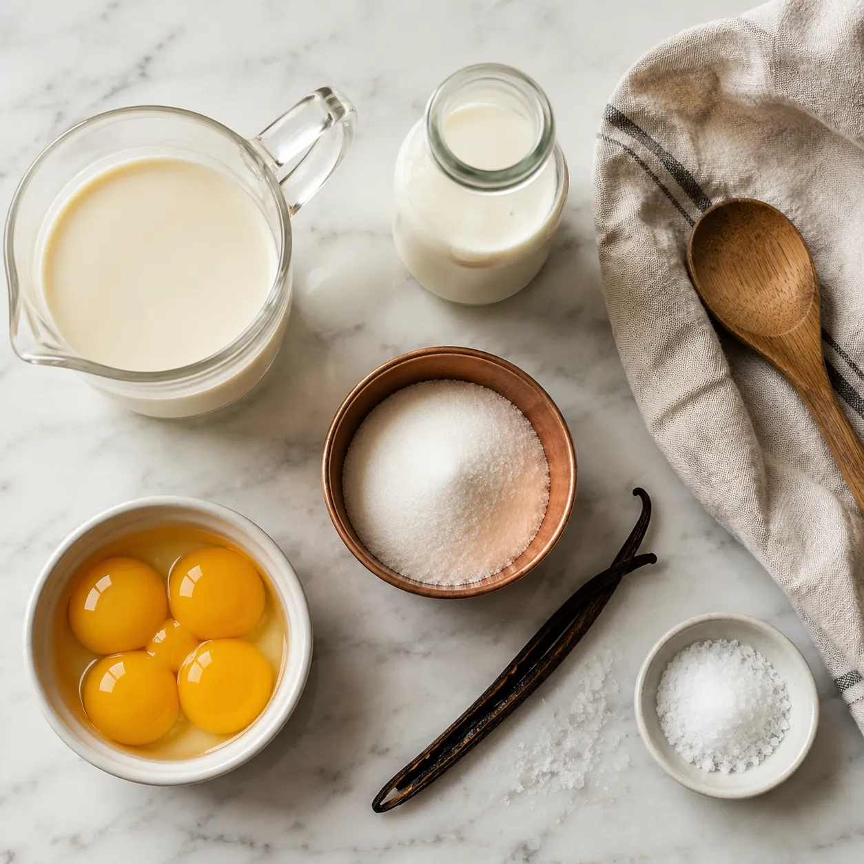 Ingredients flatlay for ice cream maker custard base recipe