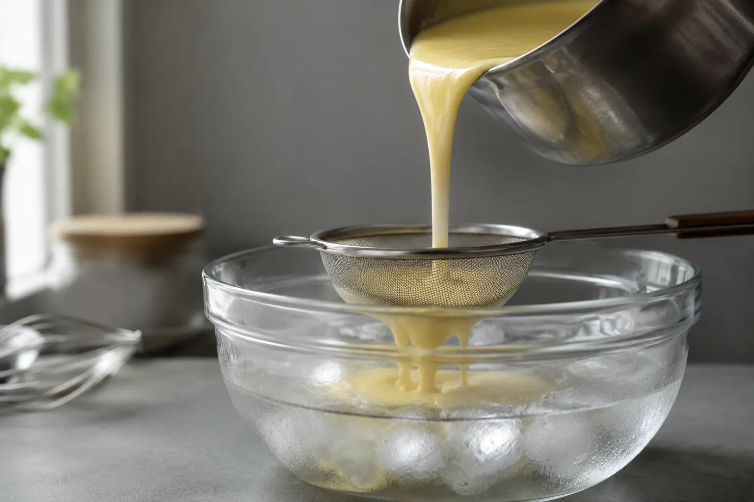 Straining custard base before chilling for ice cream machine