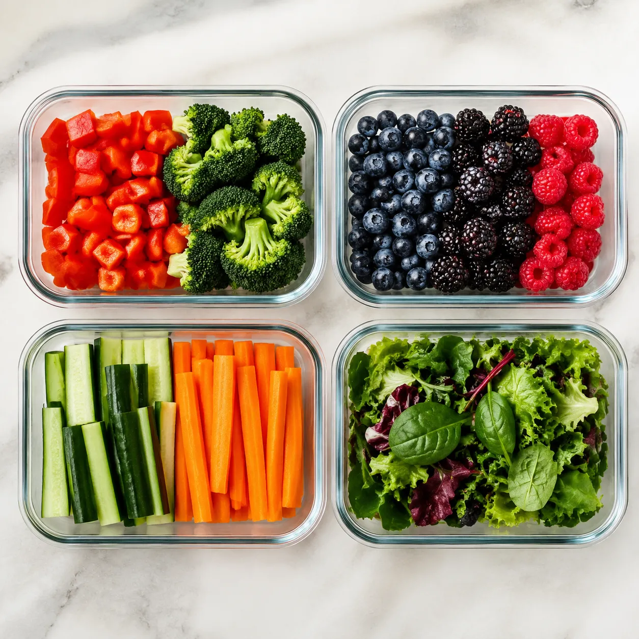 Meal-prep containers of chopped fruits and vegetables for the week