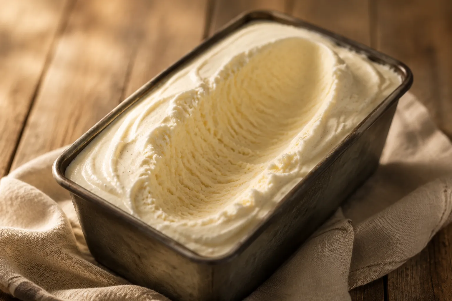 Freshly churned homemade ice cream in a loaf pan
