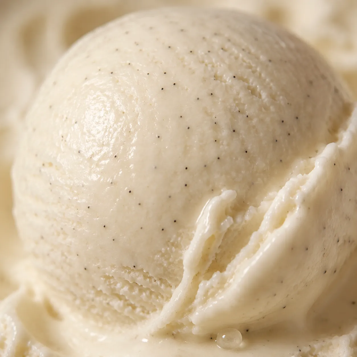 Macro close-up of creamy vanilla bean ice cream texture