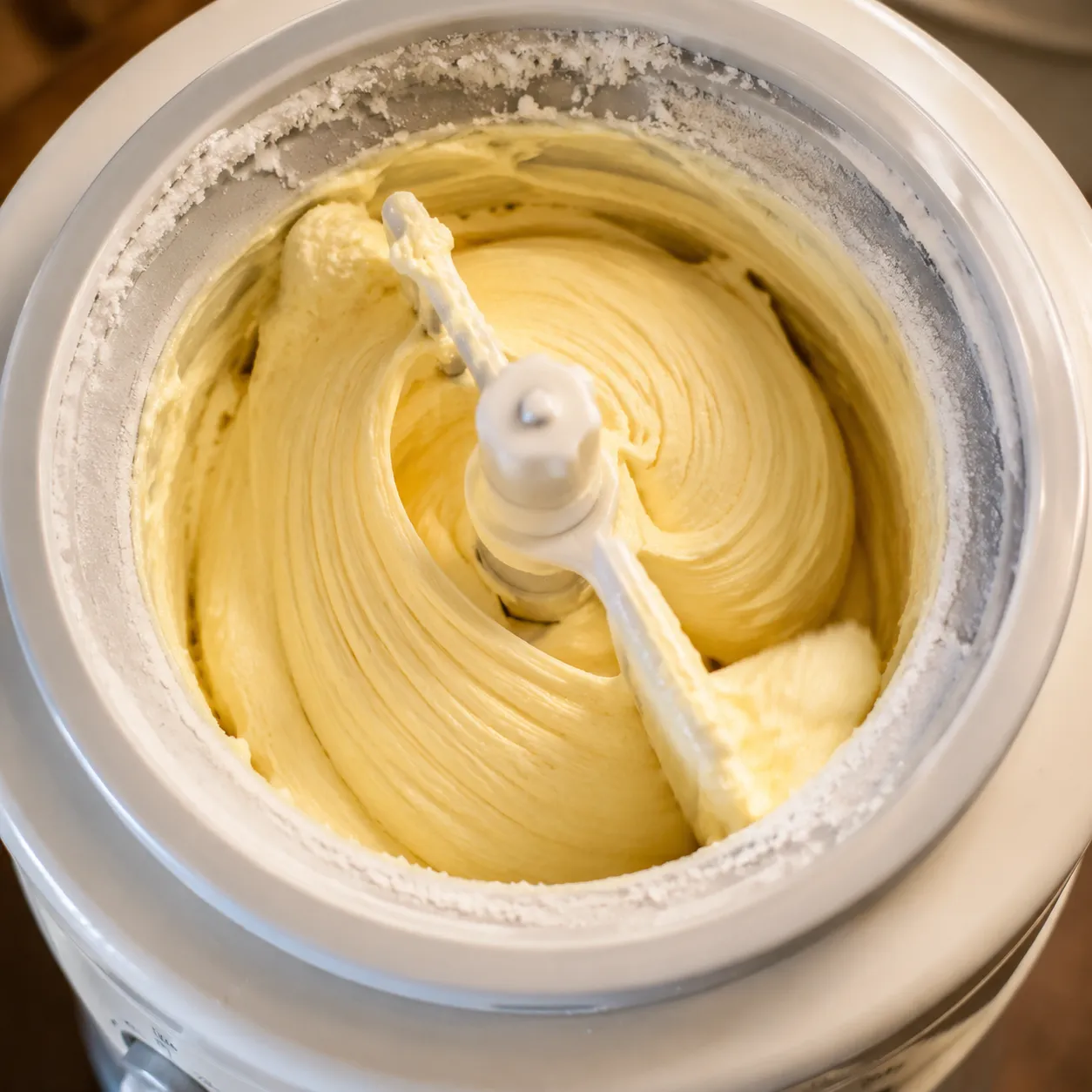 Churning vanilla ice cream in an ice cream machine