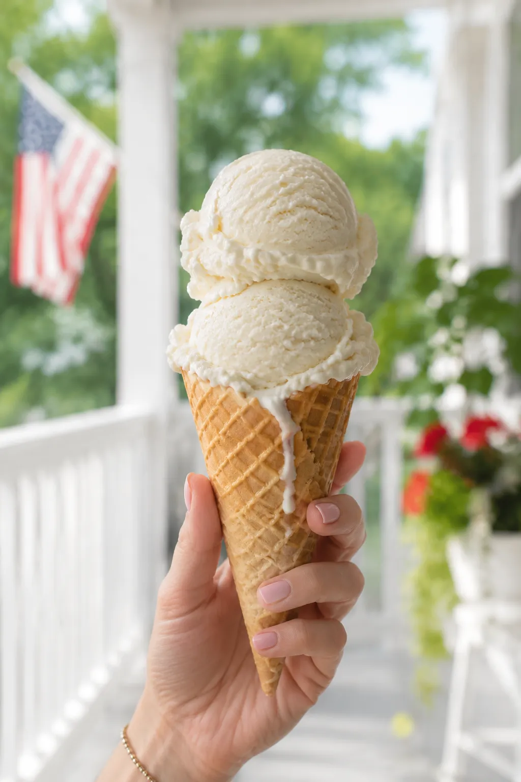 Homemade ice cream served in a waffle cone outdoors