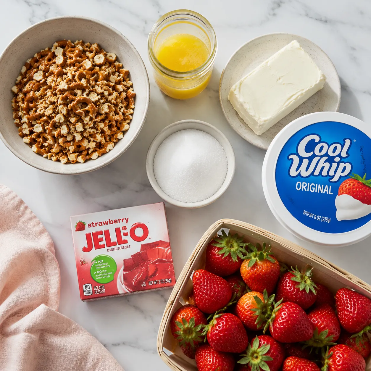 Strawberry pretzel dessert ingredients flatlay with pretzels, cream cheese, Jell-O, and fresh strawberries