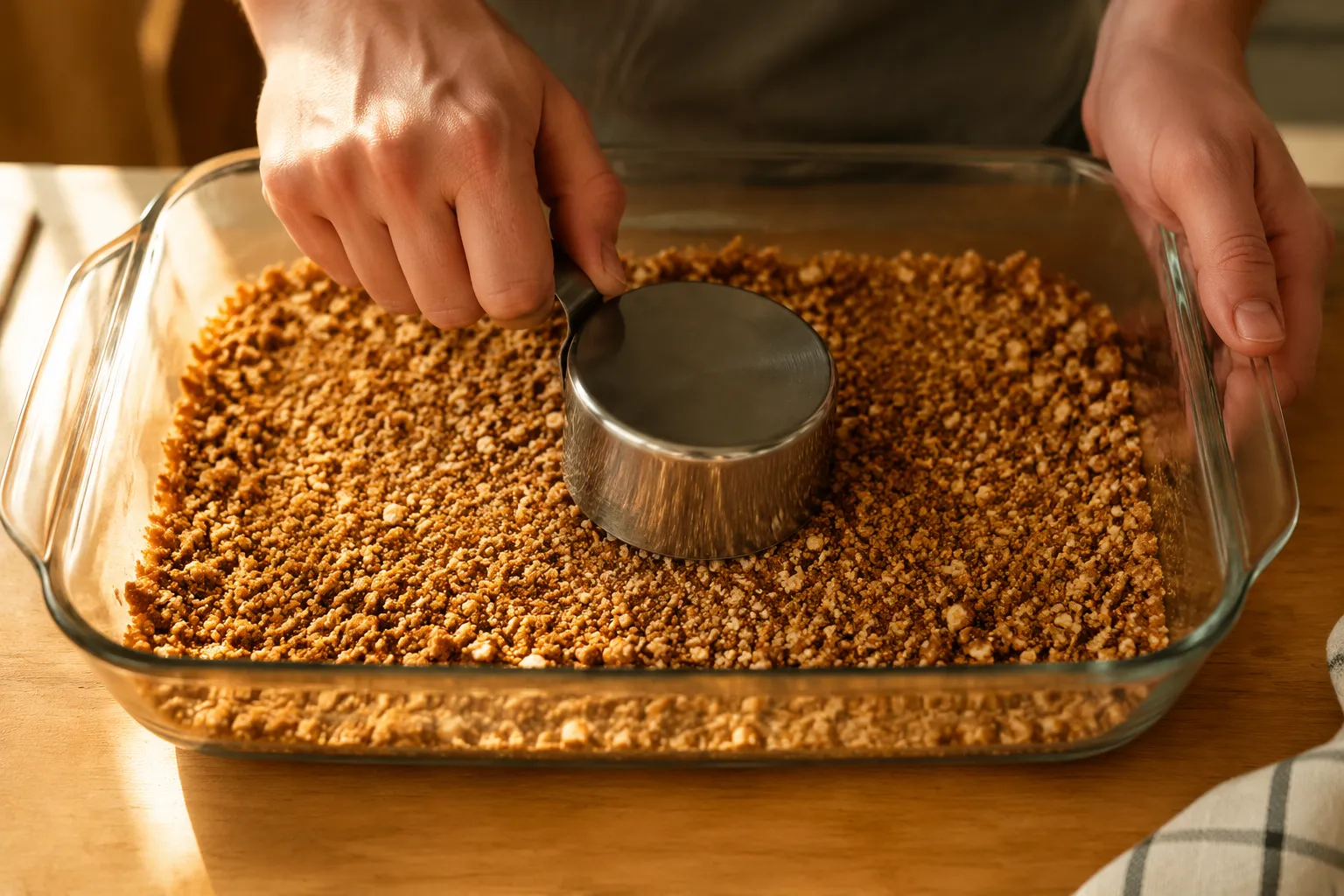Pressing pretzel crust into a 9x13 baking dish for strawberry pretzel dessert