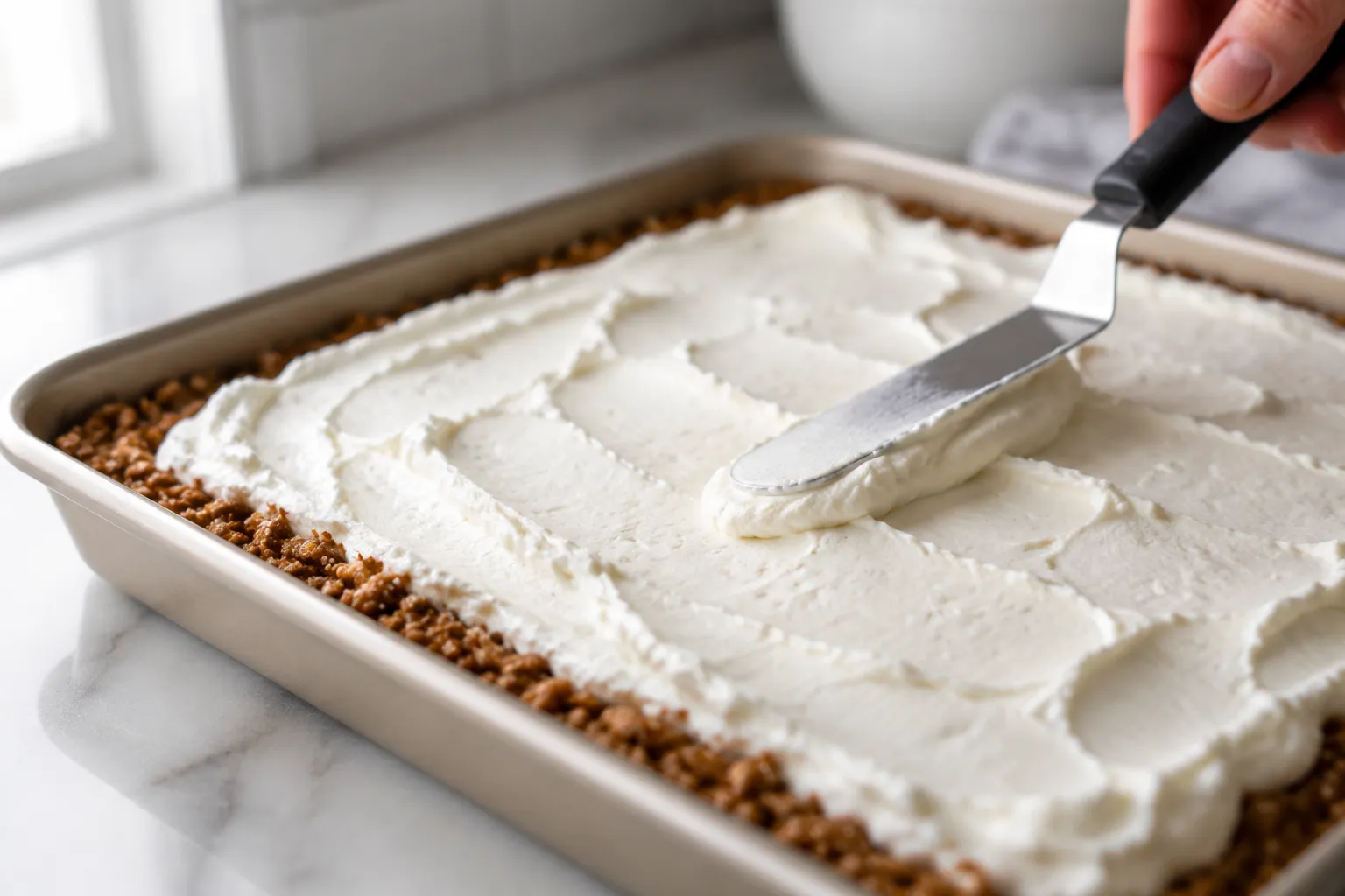 Spreading cream cheese layer over pretzel crust for strawberry pretzel salad recipe