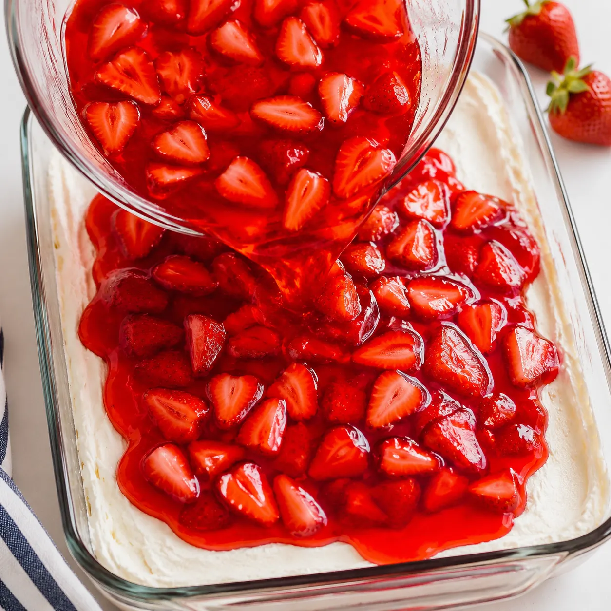 Pouring strawberry Jell-O topping over cream cheese layer for strawberry pretzel dessert