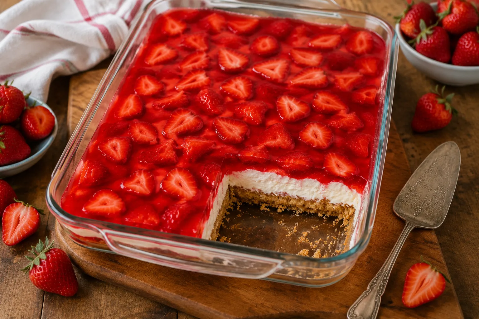 Finished strawberry pretzel dessert in a 9x13 pan with one slice removed