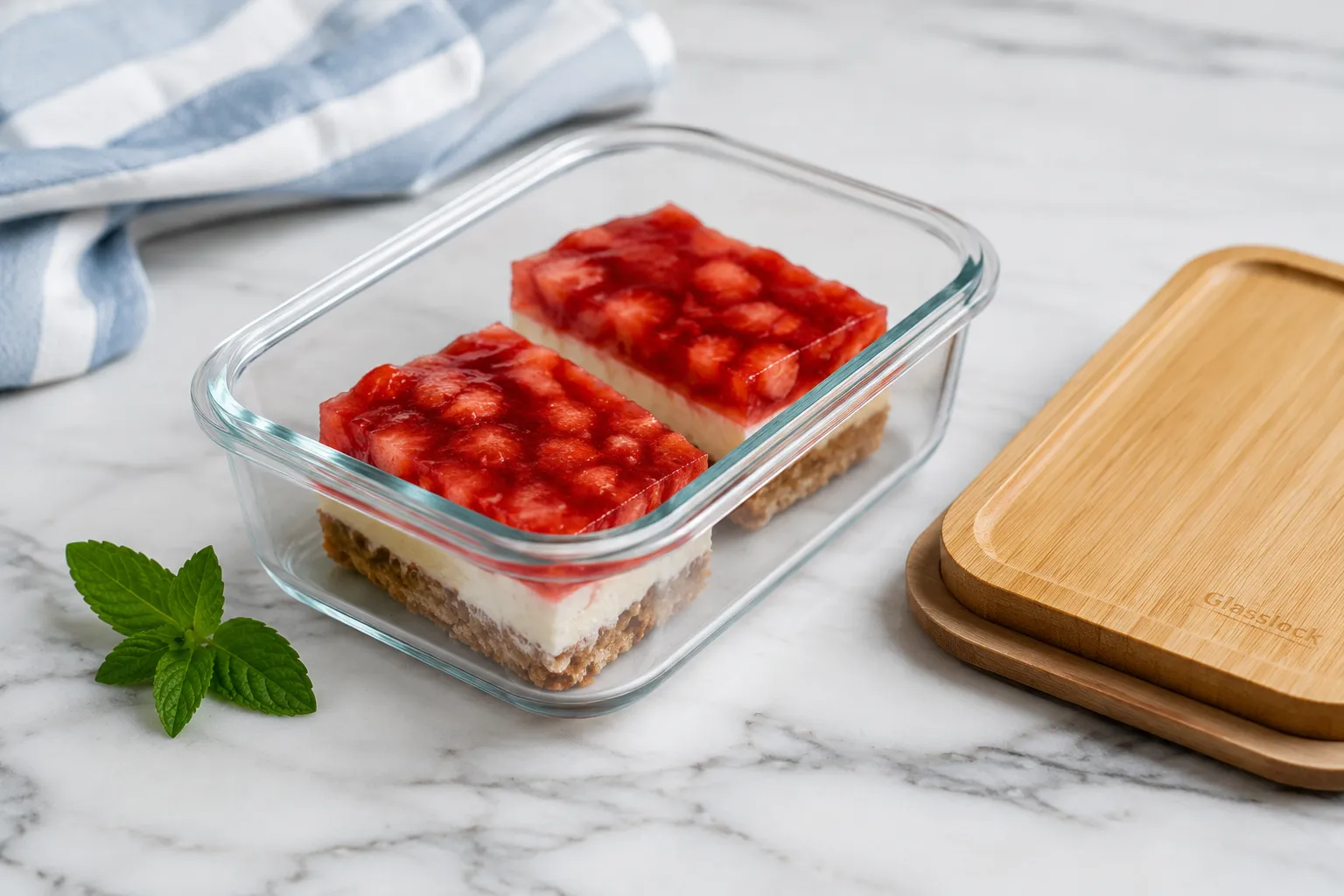 Storing leftover strawberry pretzel dessert in a glass container in the fridge