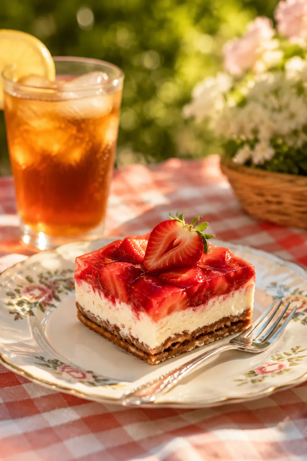Strawberry pretzel dessert slice served on a patio table for a summer potluck
