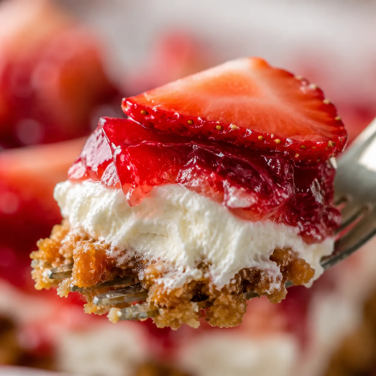 Macro close-up of a forkful of strawberry pretzel dessert showing layered texture