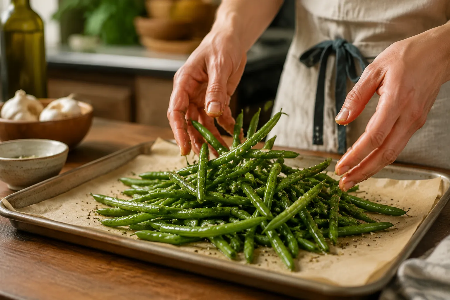 Tossing green beans with garlic — easy side for chicken and dumplings