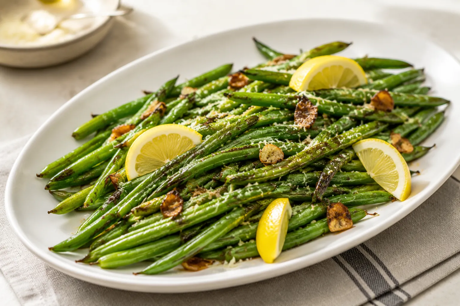Roasted garlic green beans served with chicken and dumplings