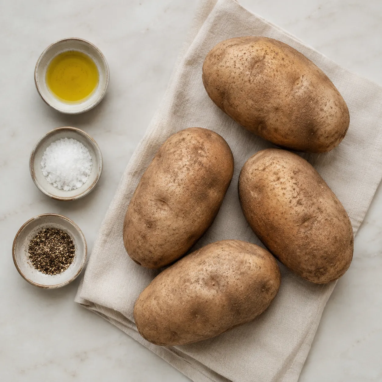 Ingredients for baked potatoes in air fryer: russets, olive oil, salt, pepper