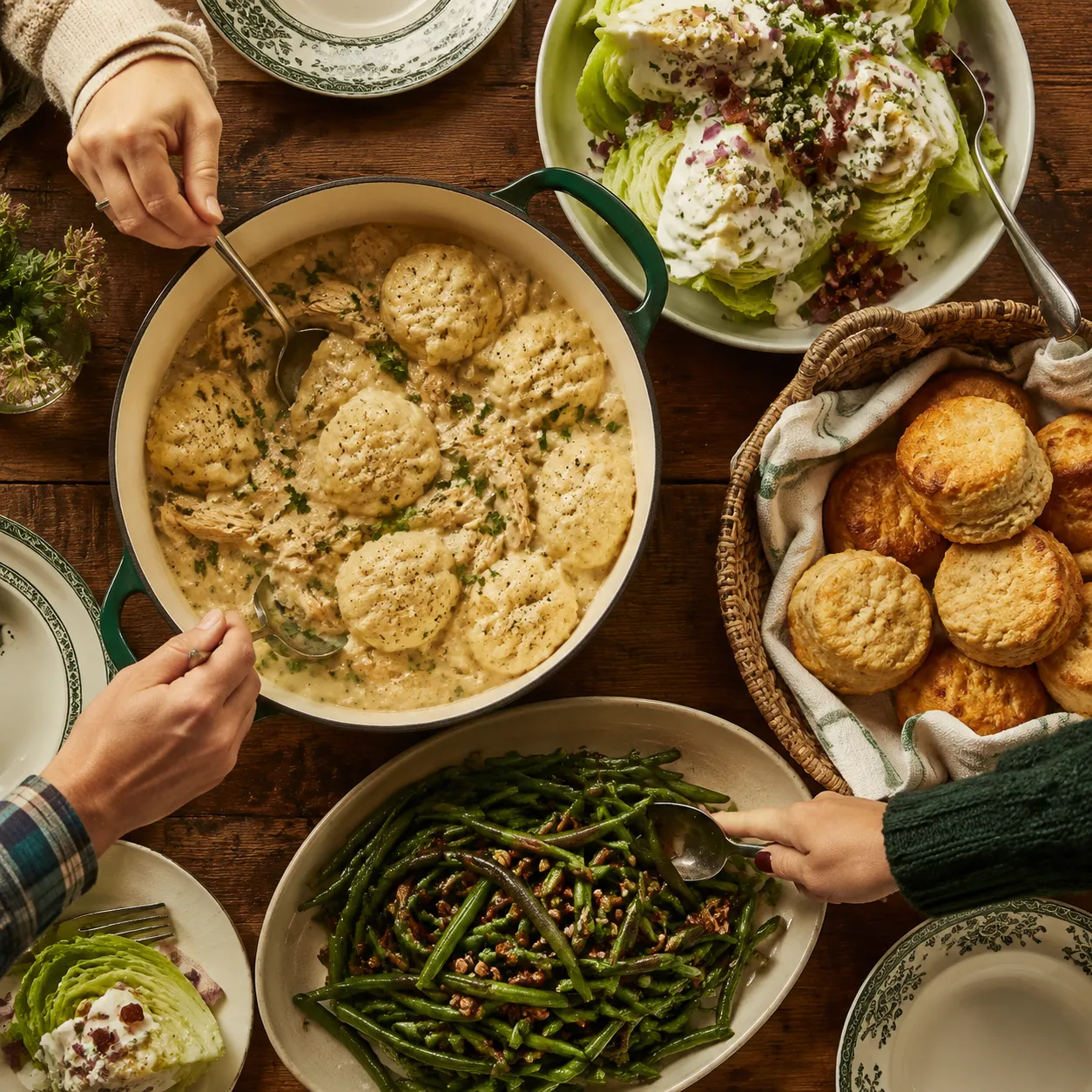 Family dinner spread of sides for chicken and dumplings