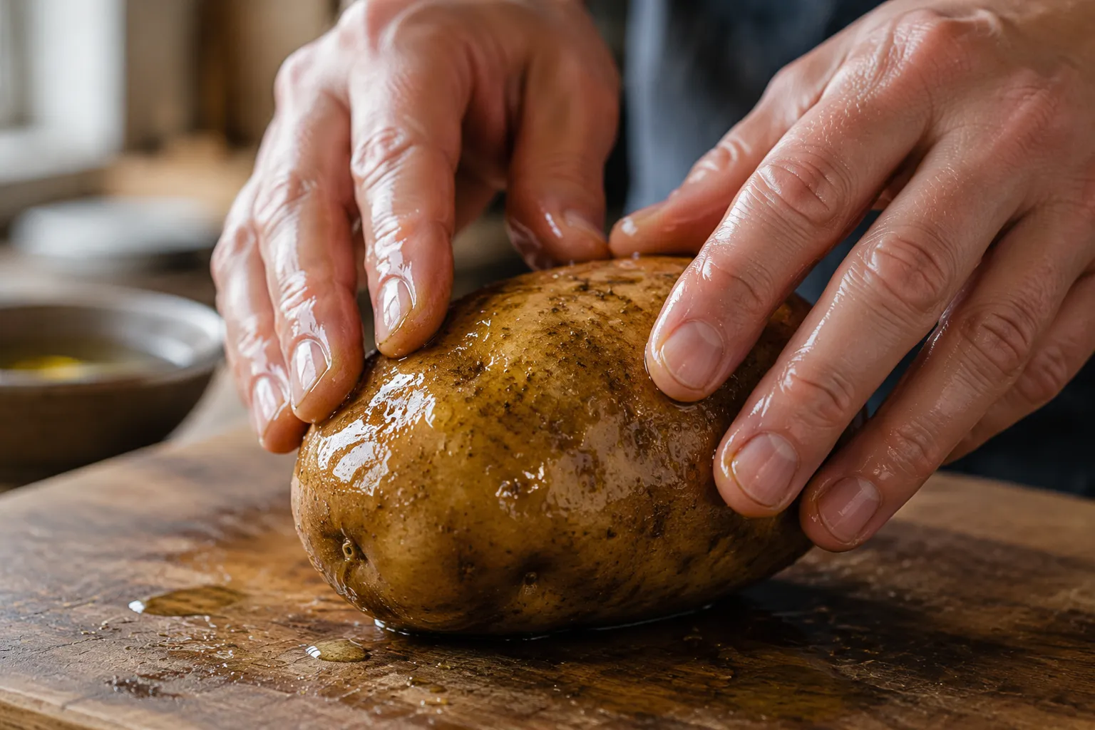 Rubbing olive oil onto a russet potato before air frying