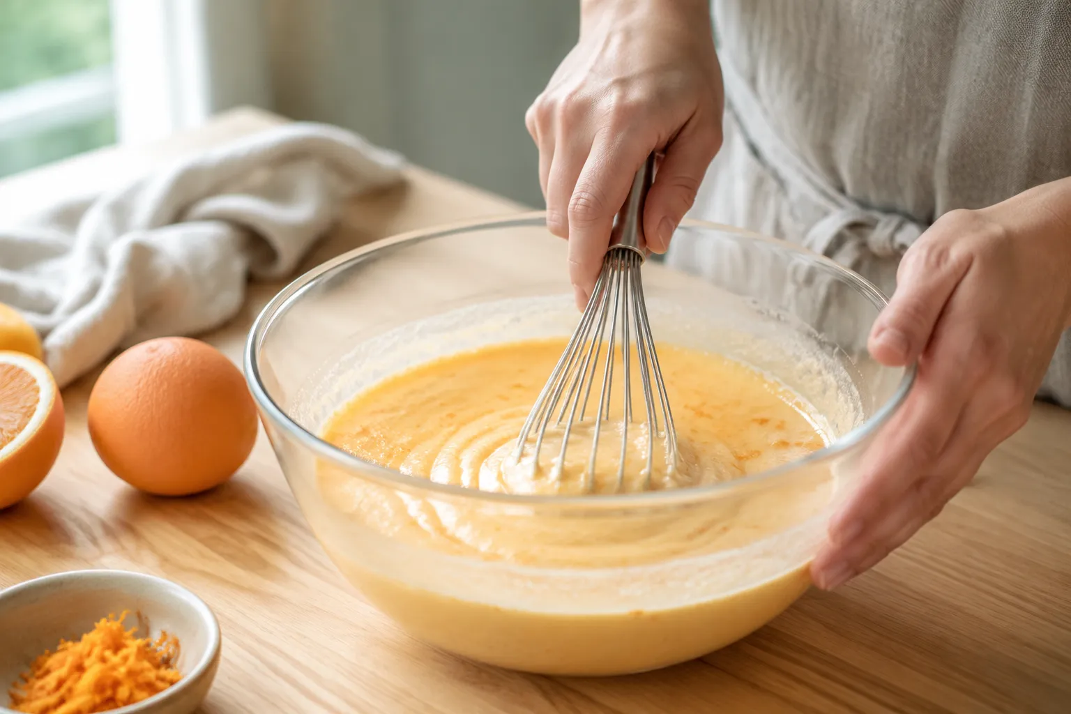 Whisking the homemade sherbet ice cream base in a glass bowl