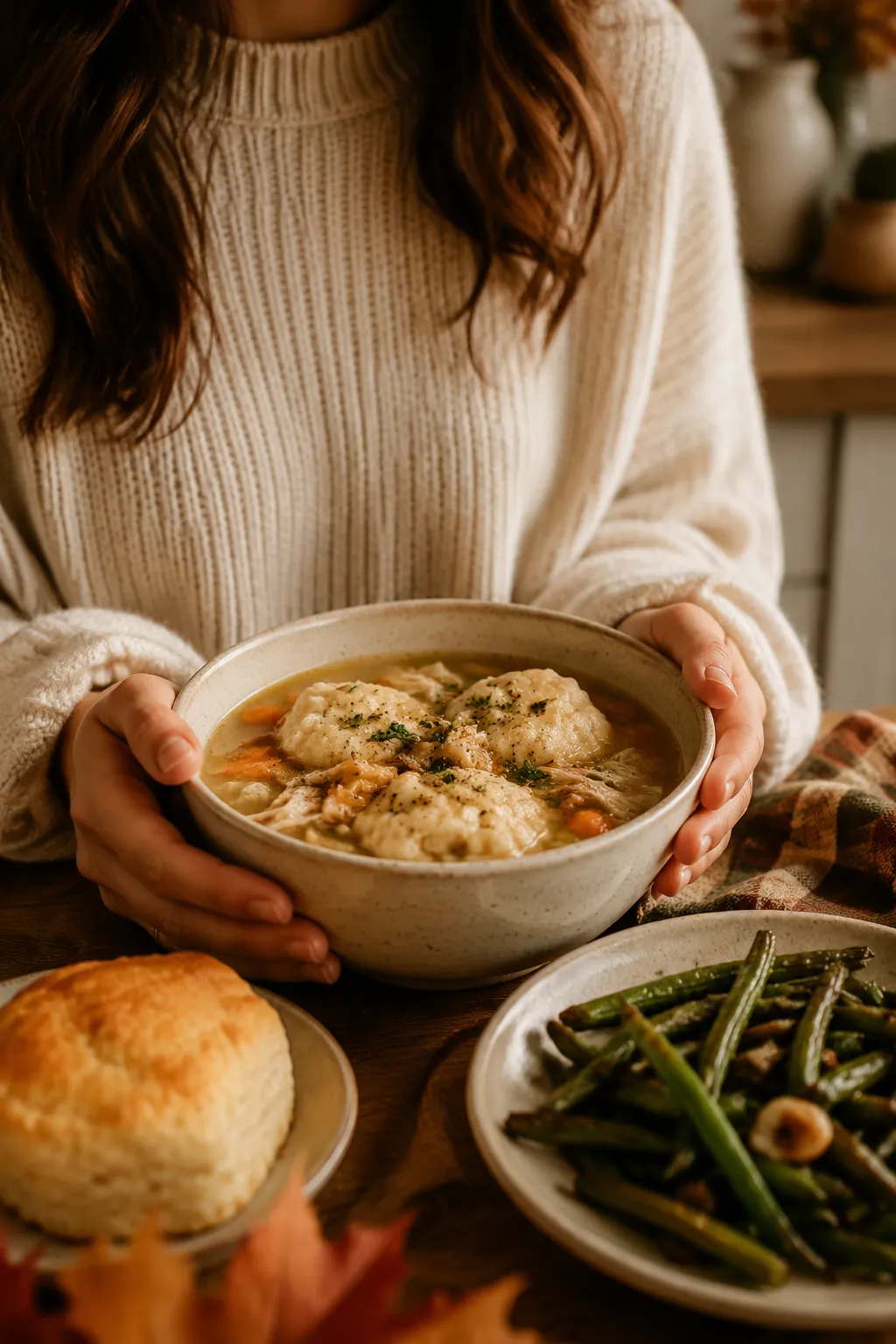 Cozy meal of chicken and dumplings with the best sides