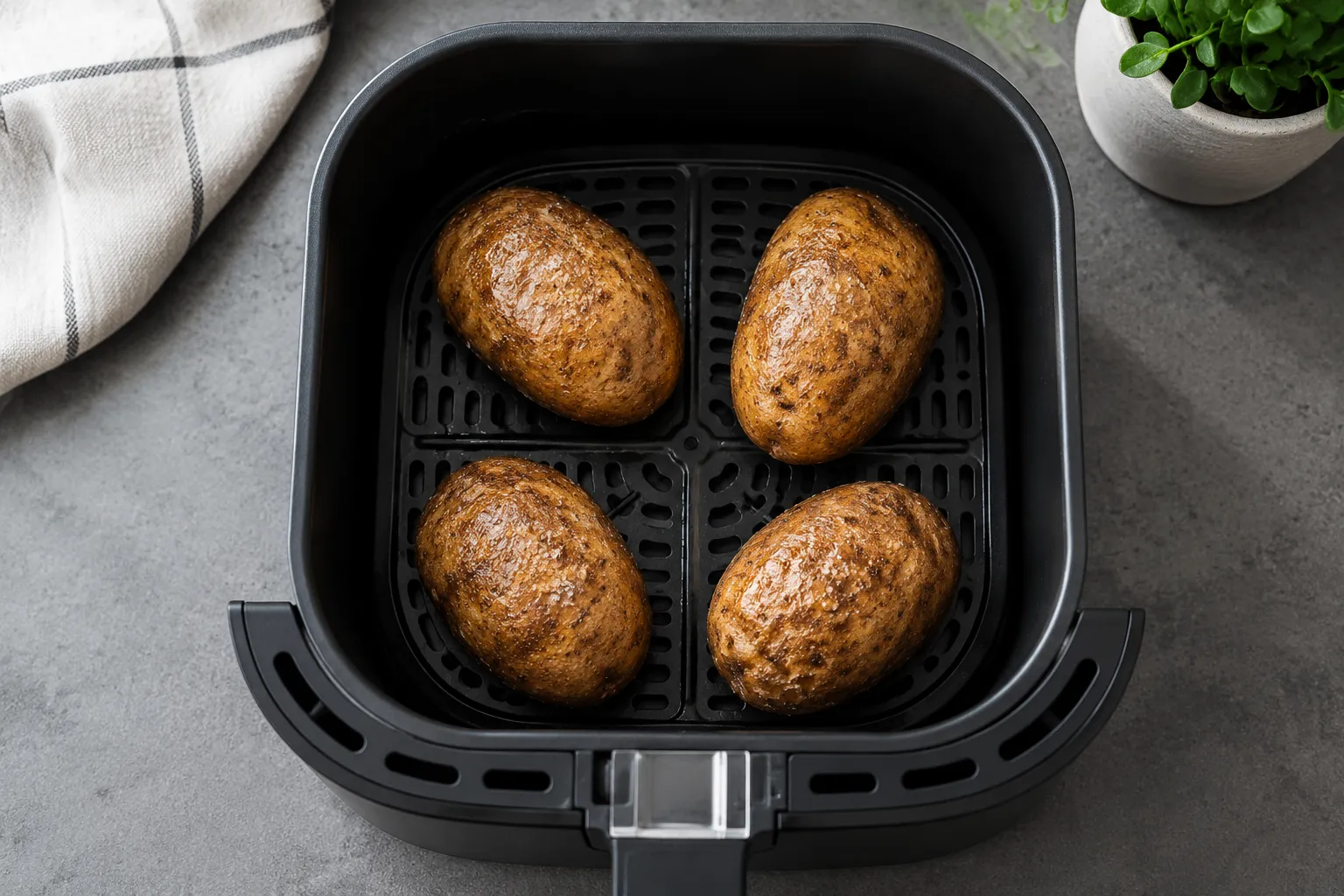 Russet potatoes arranged in air fryer basket ready to bake