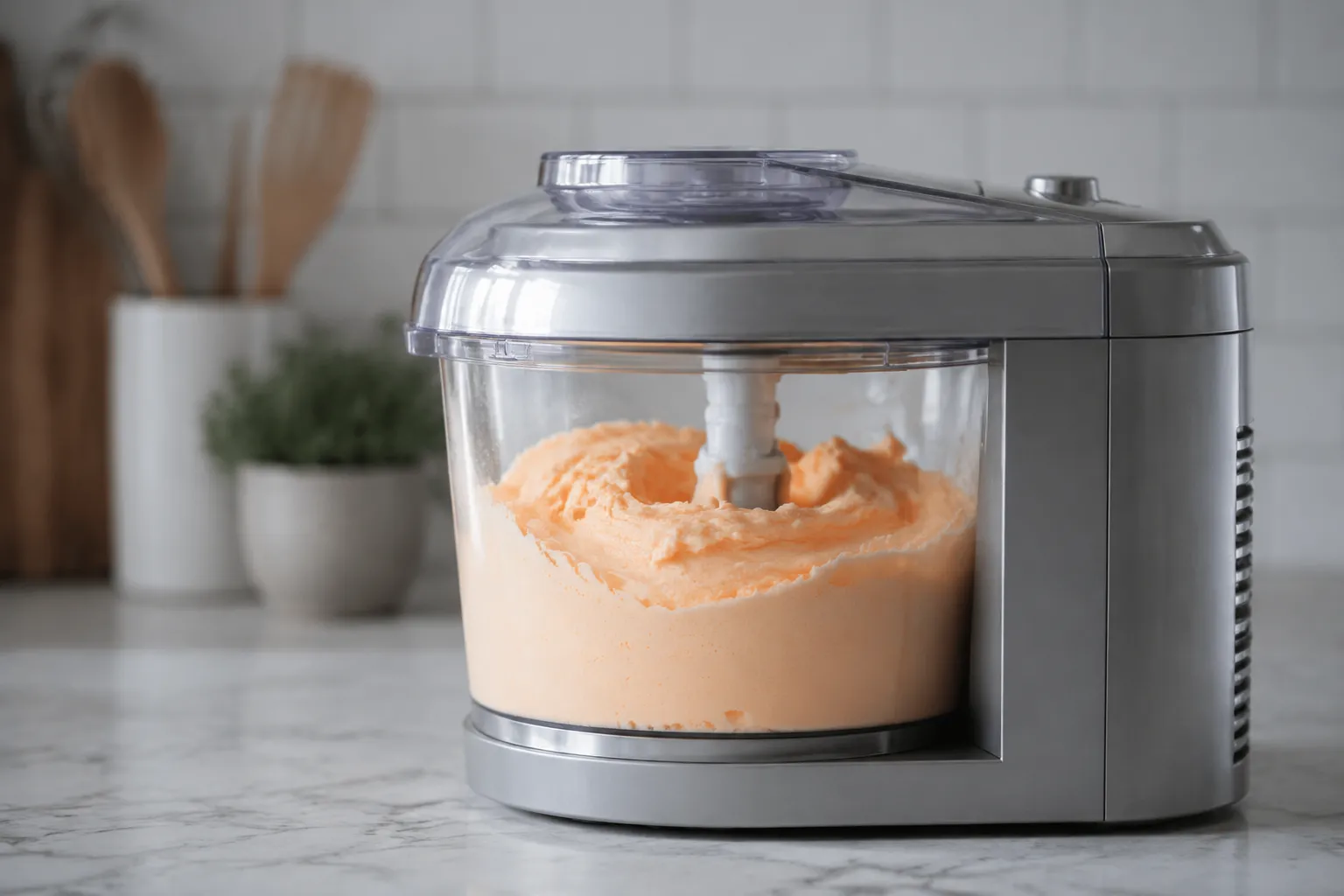 Sherbet ice cream churning in a home ice cream maker